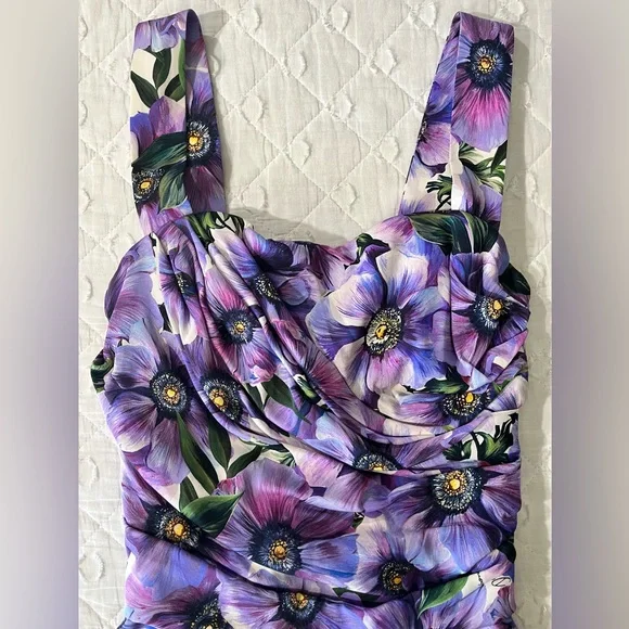 DOLCE & GABBANA PURPLE FLORAL PRINT SILK PENCIL DRESS- SIZE 42 (US 6) - Picture 8 of 14